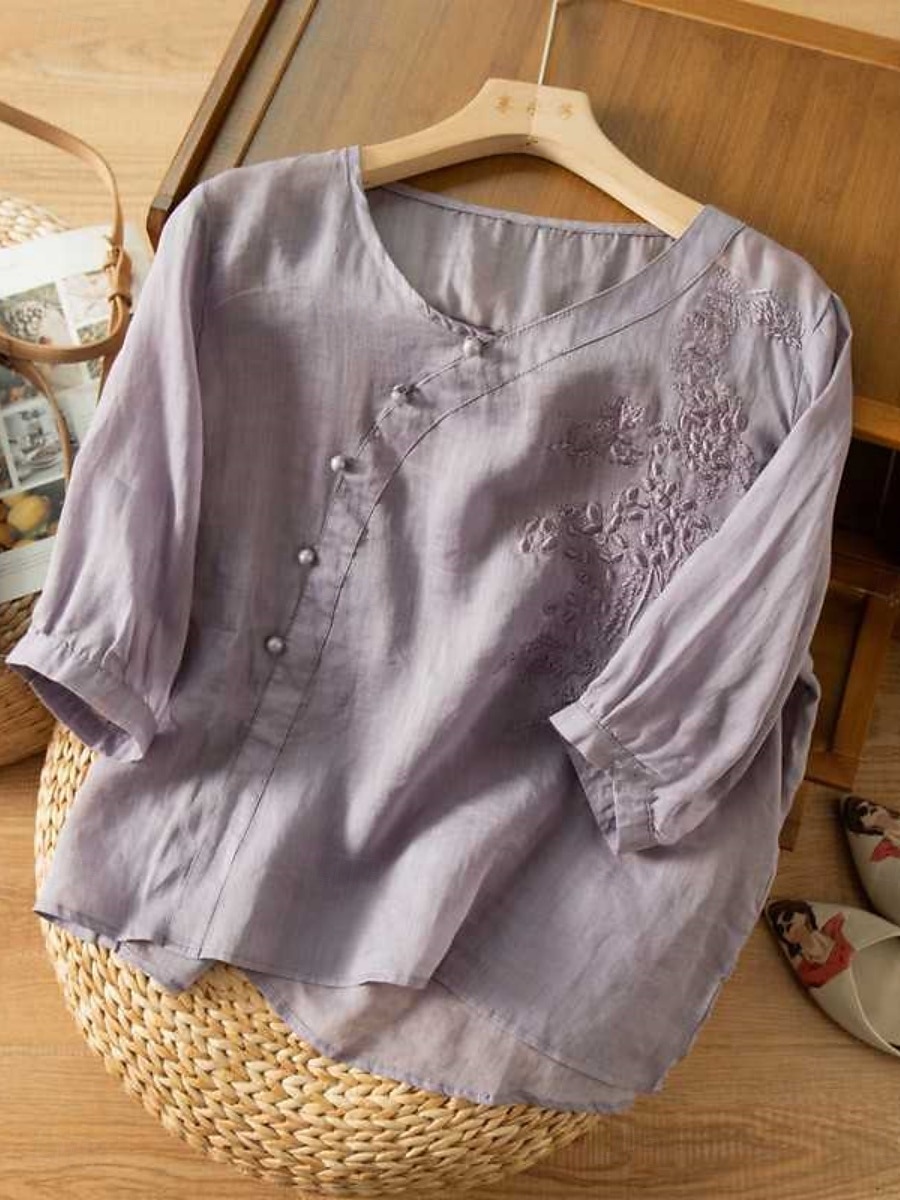 Dame Skjorte Bluse Skjorter i bomullslin Helfarge Stilfull Fritid 3/4 ermer Crew-hals Vanlige topper Daglig Broderi Knapper Gul Rød Lilla Grønn Sommer Vår 2025 - $27.99 –P2
