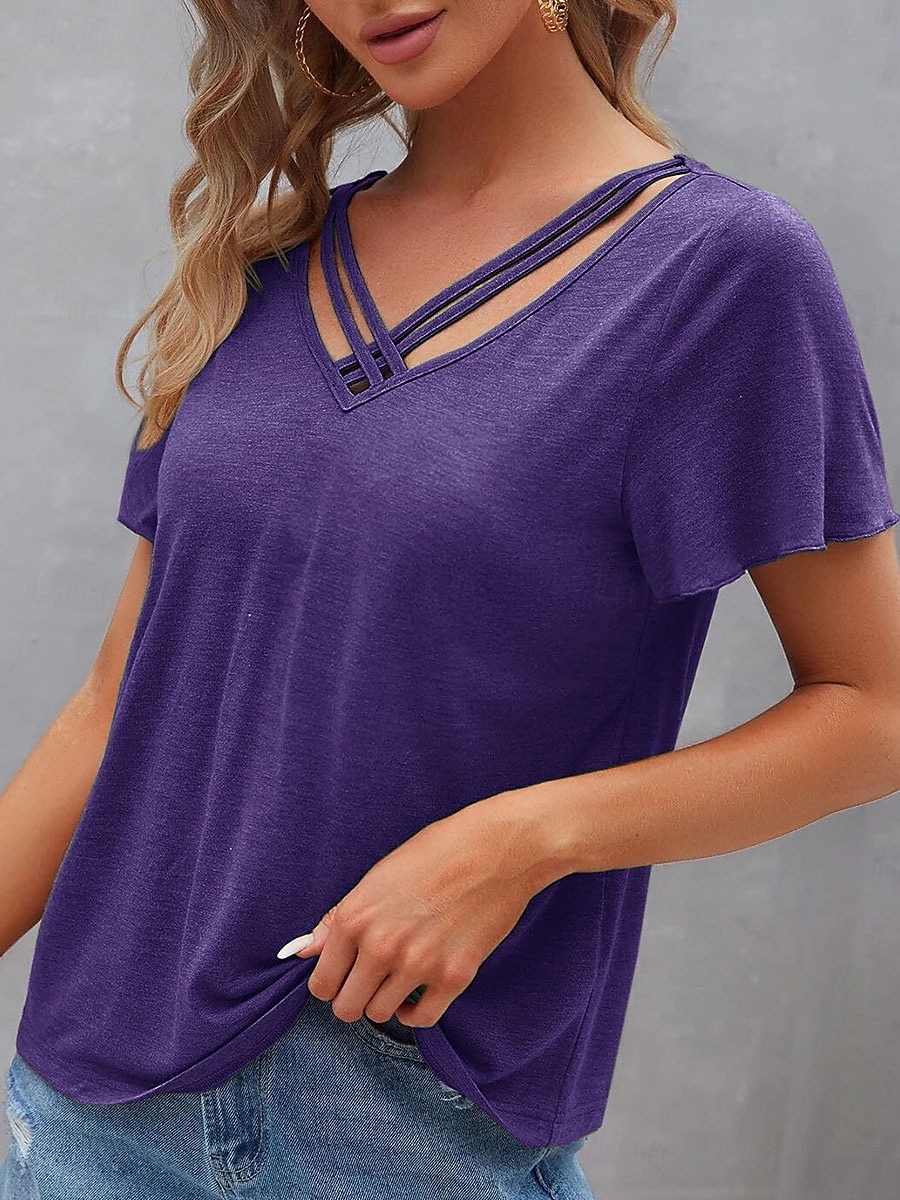 Femme T shirt Plein Mode Moderne Décontractées Manche Courte Col V Hauts réguliers du quotidien Fin de semaine Noir Vert Véronèse bleu marine Violet Eté Printemps de 2025 ? $21.99 –P8