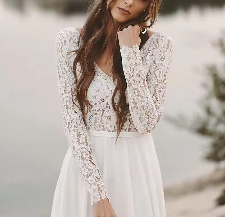 Robes de mariage boho à dos ouvert de plage A-Line décolleté en V col illusion manches longues traîne de cour costumes de mariée en chiffon avec ceinture  ruban de 2025 ? $173.99 –P3