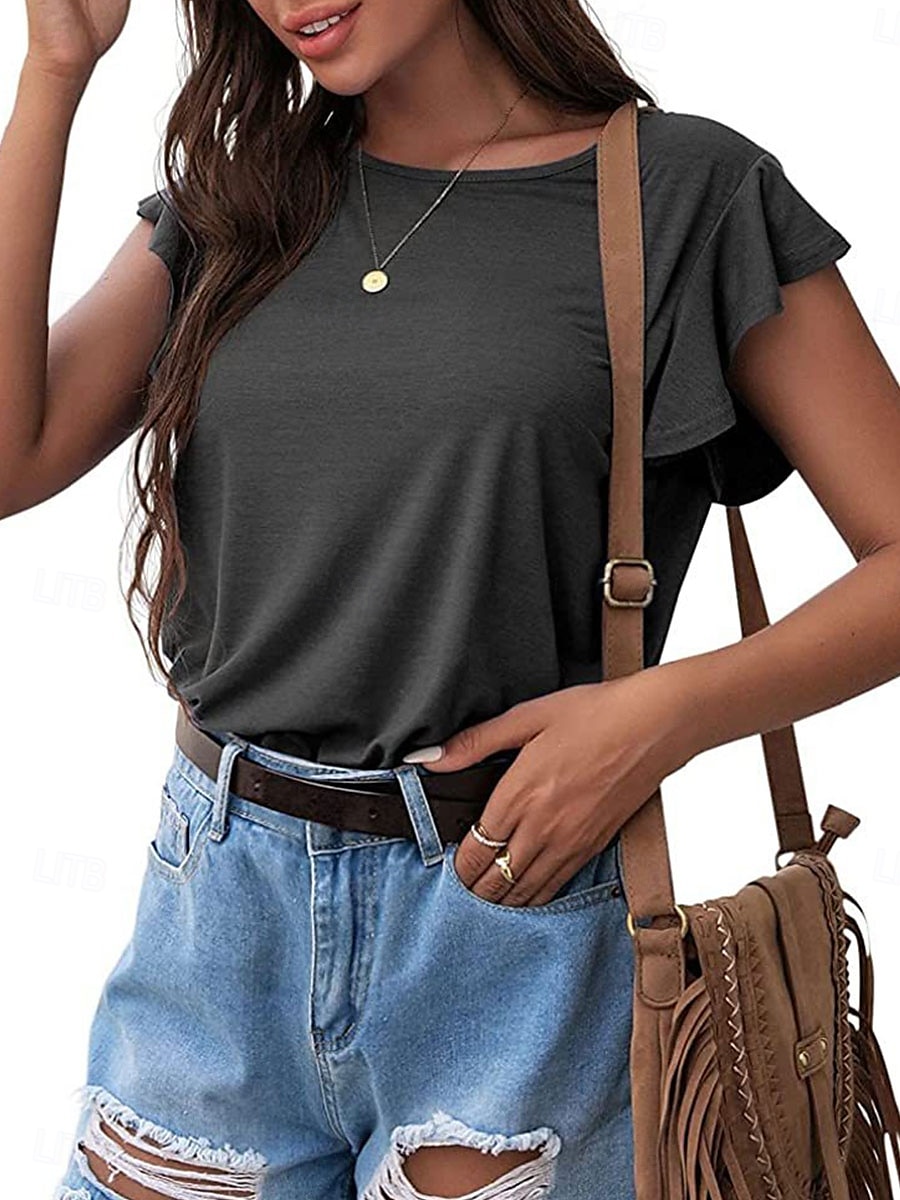 Women's T Shirt Plain Fashion Modern Casual Short Sleeve Crew Neck Regular Tops Daily Weekend Ruffle Black Pink Gray Summer Spring 2025 - $21.99 –P12