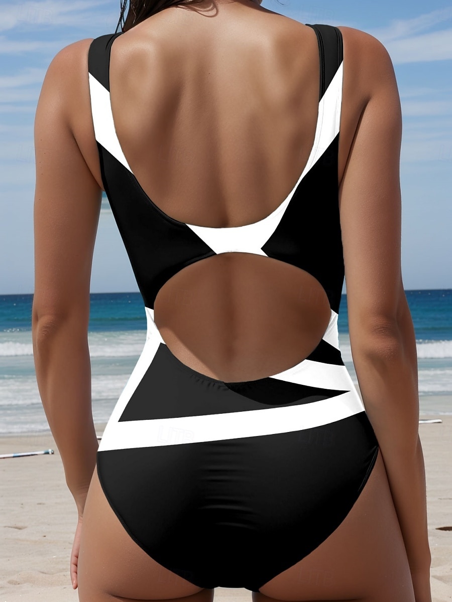 Damernas badkläder en del monokini baddräkt utan rygg magkontroll hög midja slim semester strandkläder geometrisk u-hals ärmlös baddräkter 2025 - $26.99 –P2