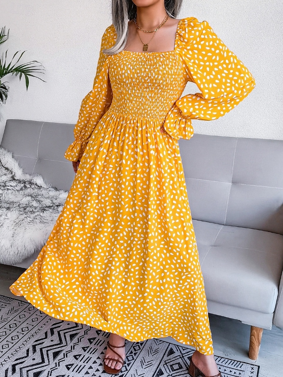 Femme Robe Maxi Robe Maxi Robe de laitière Robe smockée Soirée Hawaïen mode Vacances Travail du quotidien Standard Pois manche longue Col Carré Jaune Rose Claire Printemps Automne de 2025 ? $33.99 –P1