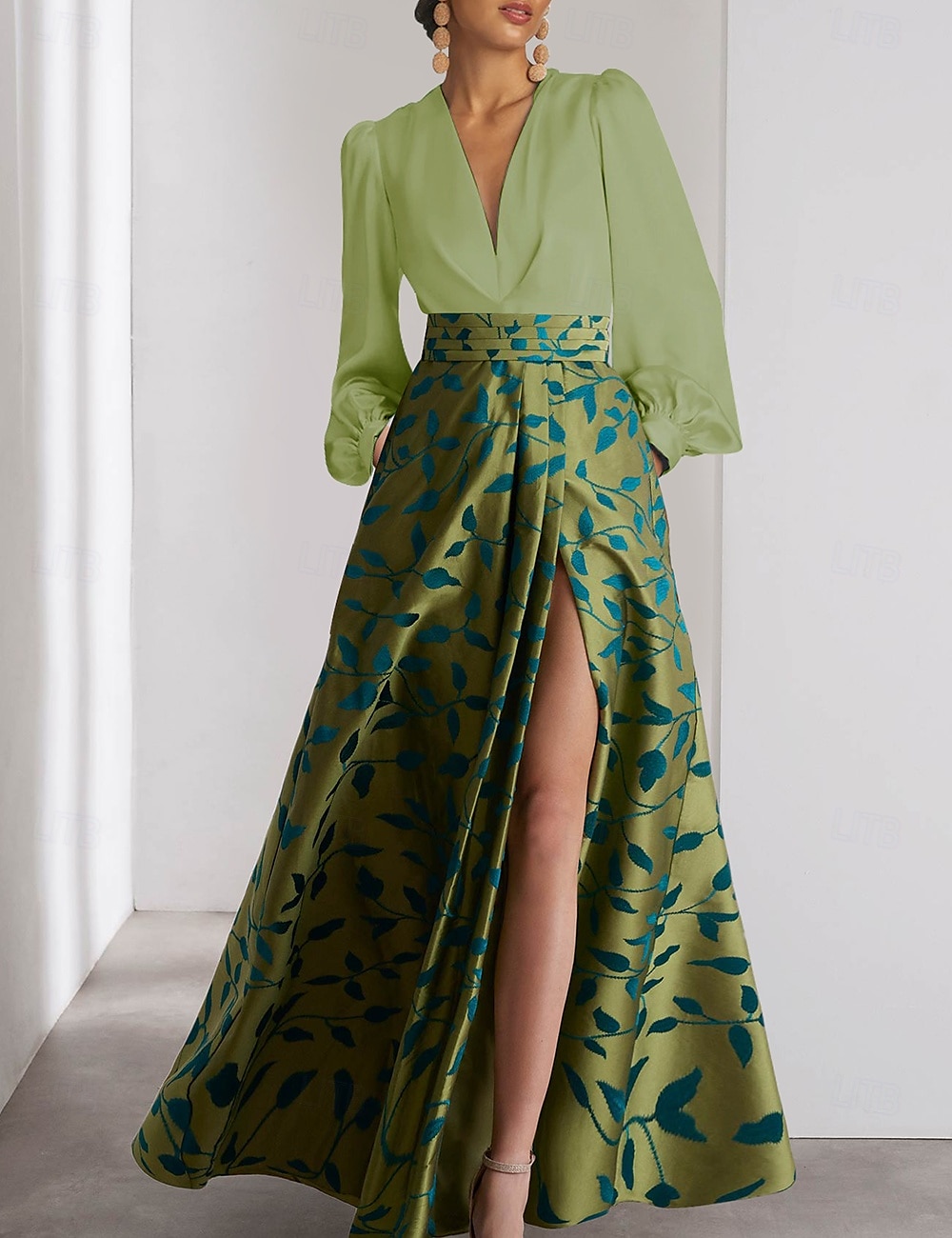 Abito da sera A-line floreale verde abito elegante formale per matrimonio maniche lunghe asimmetriche in satin con applicazioni ricamate abito da derby abiti da derby abito per il giorno della corsa del 2025 a $189.99 –P3