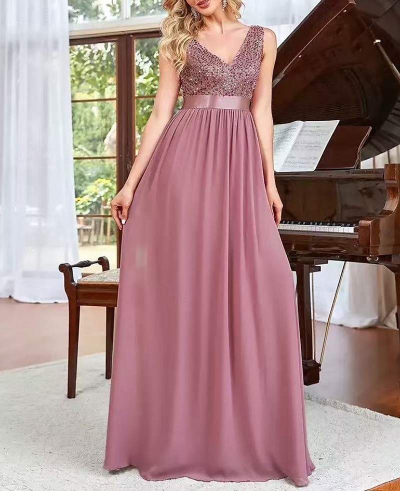 A-Line Bridesmaid Dress V Neck Sleeveless Pink Floor Length Chiffon / Spandex / Shantung with Sash / Ribbon / Sequin / Draping 2022 2025 - $162.99 –P3