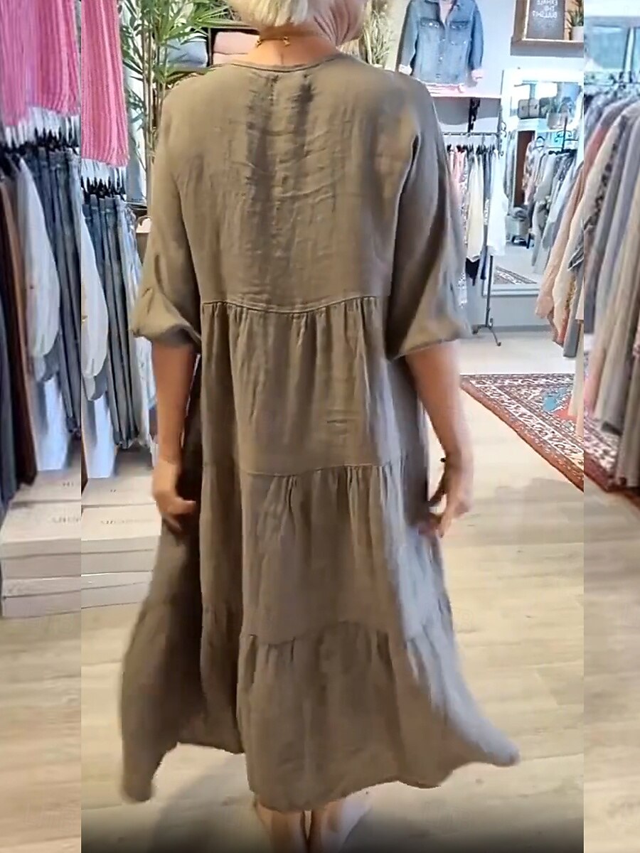 Dam Maxiklänning Linneinspirerade klänningar Vit klänning Solklänning Vit bomullsklänning Ledigt Semester Dagligen Lös passning 3/4 ärm Naggad hals Kaki Beige Sommar Vår 2025 - $36.99 –P3