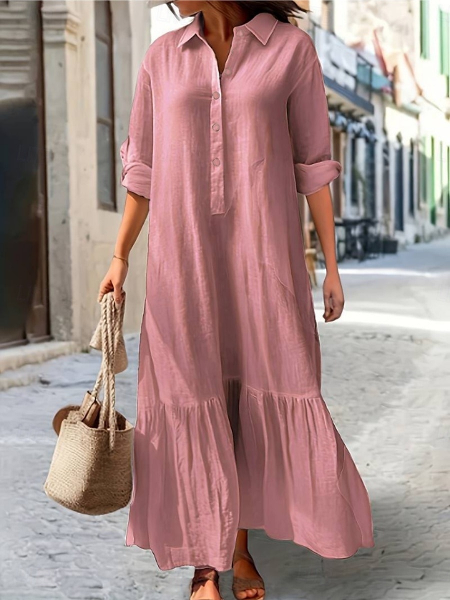 Women's Maxi Dress Cotton Linen Dresses Shirt Dress Casual Dress Basic Casual Vacation Daily Regular Fit Plain Long Sleeve V Neck Pink Green Khaki Dark Blue Summer Spring 2025 - $32.99 –P4
