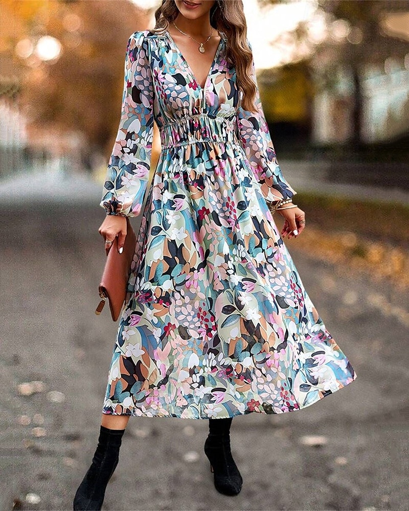 Pentru femei Rochie Lunga Rochie Maxi Rochie casual Rochie A line Rochie florala Rochie de vară Elegant Stilat Vacanță Zilnic Dată Fit regulat Floral Manșon Lung În V Roz Îmbujorat Albastru Deschis 2025 - $27.99 –P4