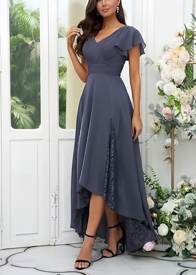 A-Liniové Šaty pro Svatební Hosty Elegantní Šaty Svatební Host Asymetrické Krátké Rukávy V Výstřihu Podzimní Svatební Host Chiffon s Záhyby 2025 - $185.99 –P3