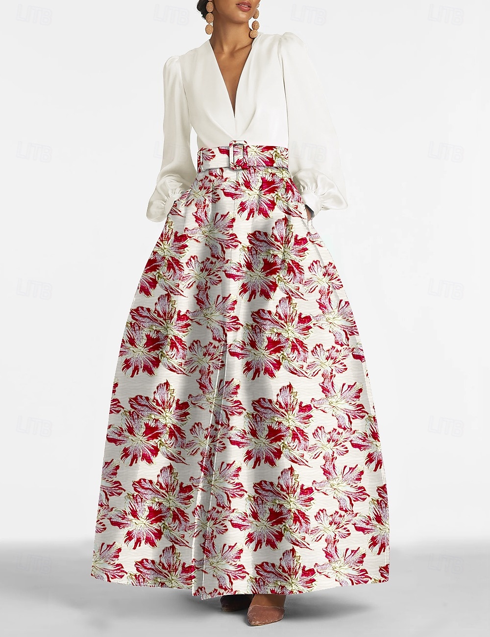 A-Line Evening Gown Elegant Dress Formal Wedding Floor Length Long Sleeve V Neck Pocket Nylon with Floral Print Pocket Derby Dress Race Day Dress Wedding Guest Dress 2025 2025 - $179.99 –P1