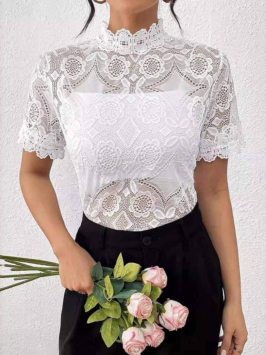 Damskie Koszula Boho Top z koronką Hawajskie Krótki rękaw Asymetryczna Zwykłe topy Koronka Biały Lato Wiosna 2025 - $22.99 –P1