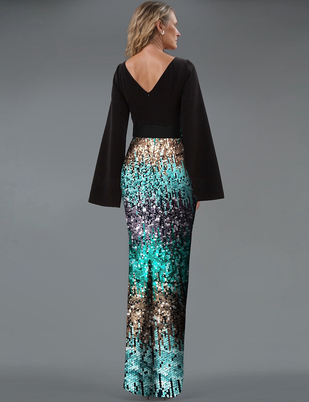 Meerjungfrau/Trompete Abendkleid elegantes Kleid Ombre formelle Partykleidung bodenlang Langarm V-Ausschnitt Gürtel/Schärpe mit Pailletten und Schlitz 2025 2025 - $205.99 –P2