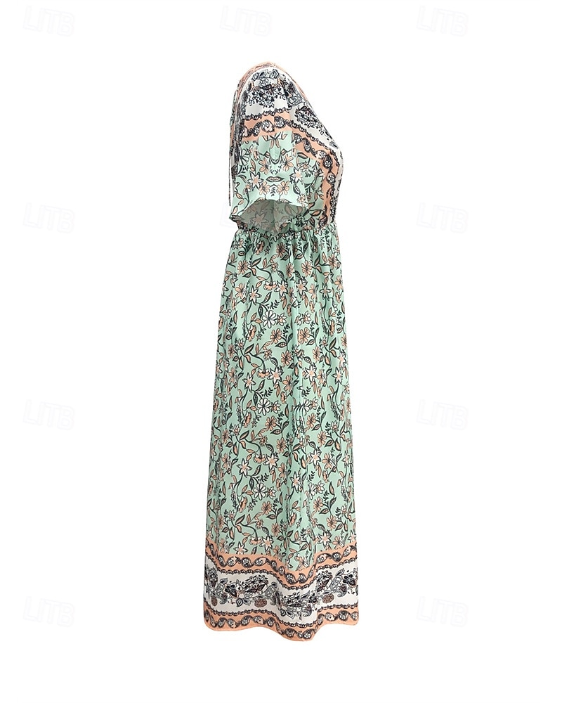 Femme robe longue Robe Trapèze Robe d'été robe boheme Elégant Hawaïen mode Vacances du quotidien Rendez-vous Standard Floral Manche Courte Col V Vert Eté de 2025 ? $25.99 –P8