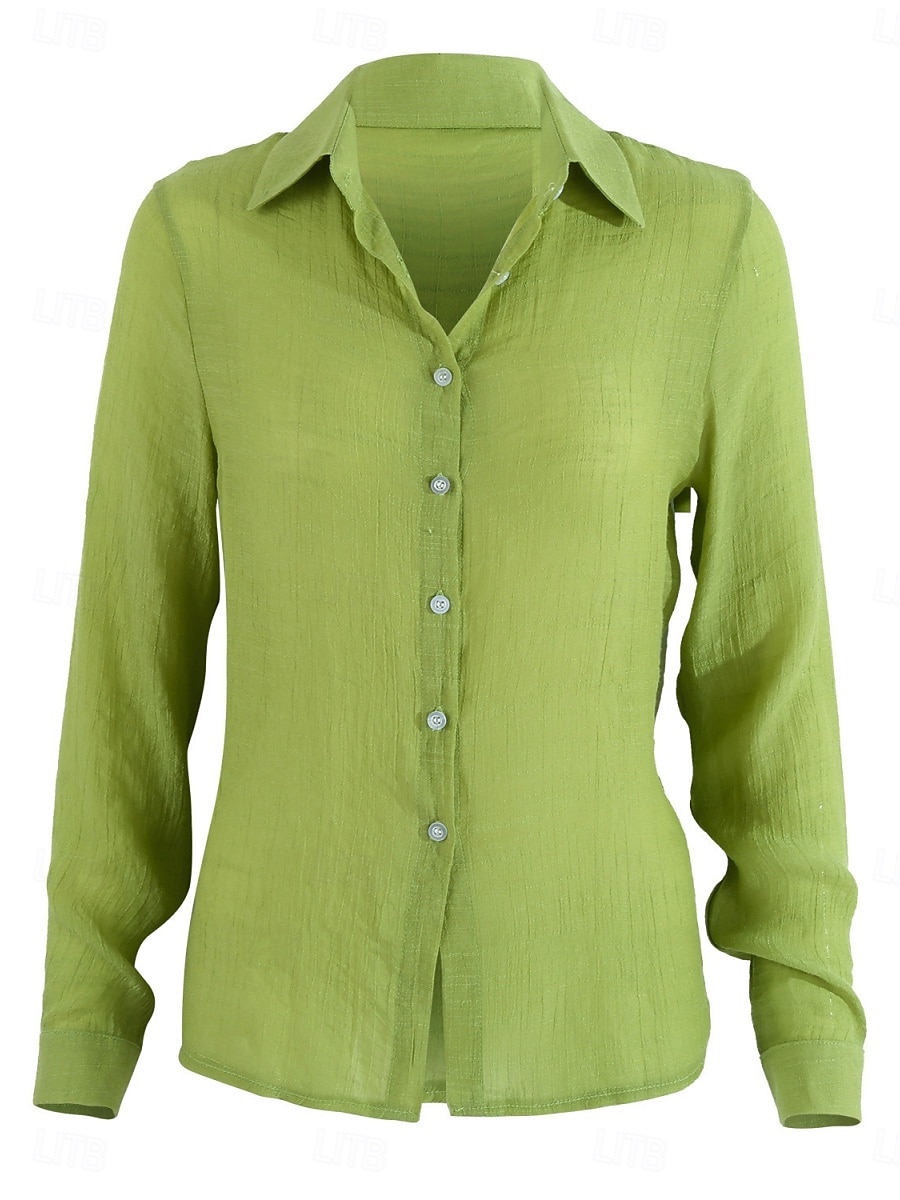 Women's Shirt Cotton Linen Shirts Button Up Blouse Solid Color Basic Casual Long Sleeve Shirt Collar Regular Tops Daily Buttons Yellow Green Summer Spring 2025 - GBP £21.99 –P3