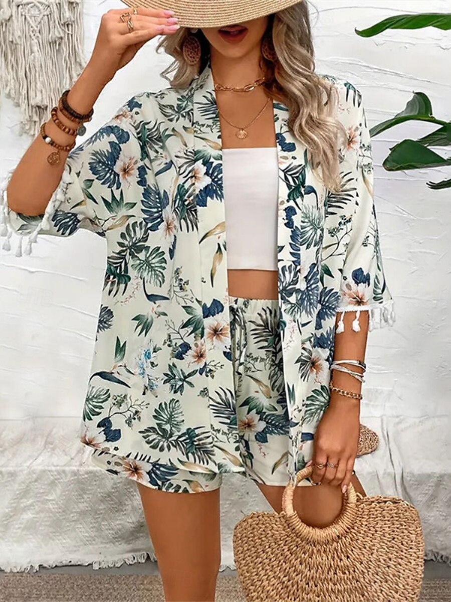 Dam Kostymer Andningsfunktion Bekväm Tofs Mönster Ledigt Blommig Semester Gata Dagliga kläder Utekväll Öppen front Normal Kraglös Normal 3/4 ärm Ytterkläder Vit Sommar Vår 2025 - $26.99 –P1
