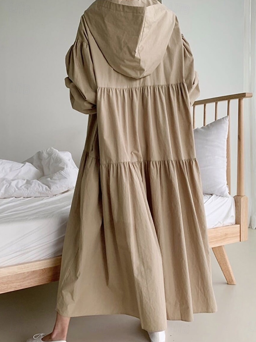 Damen Maxikleid Leinen-inspirierte Kleider Hemdblusenkleid Basic Lässig Urlaub Täglich Normale Passform Einfach Langarm Mit Kapuze Schwarz Khaki Frühling Herbst 2025 - $36.99 –P3