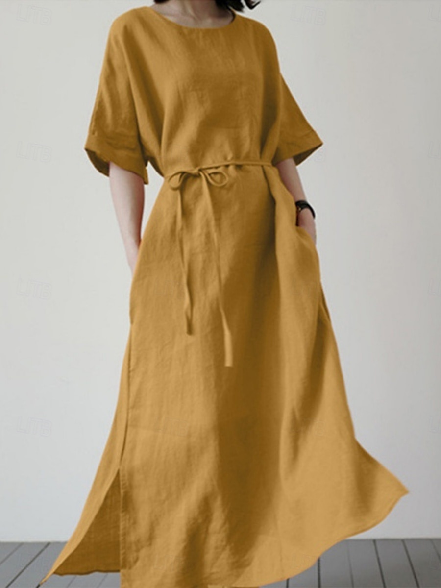 Per donna Mini Abito Abiti in cotone e lino Vestito Casual Essenziale Casual Vacanza Quotidiano Vestibilità regolare Semplice Mezza Manica Girocollo Nero Giallo Blu Estate del 2025 a $22.99 –P1