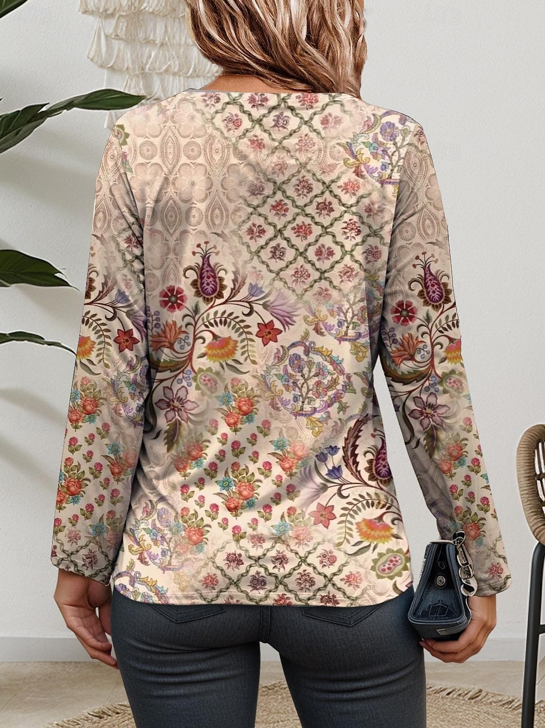 Femmes T-shirt Fleuri Géométrique Occasionnel manche longue Col ras du cou Hauts Réguliers Quotidien Imprimé Kaki Printemps Automne de 2025 ? $22.99 –P2