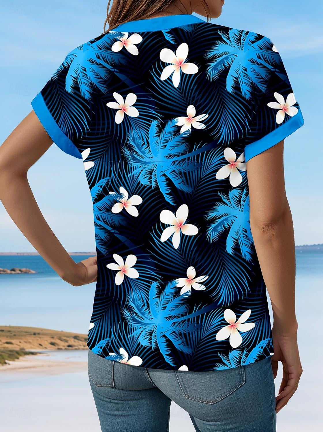 Cămașă pentru femei florală grafică stilată plajă cămașă cu mânecă scurtă guler bluze regulate butoane print albastru primăvară-toamnă 2025 - $29.99 –P2