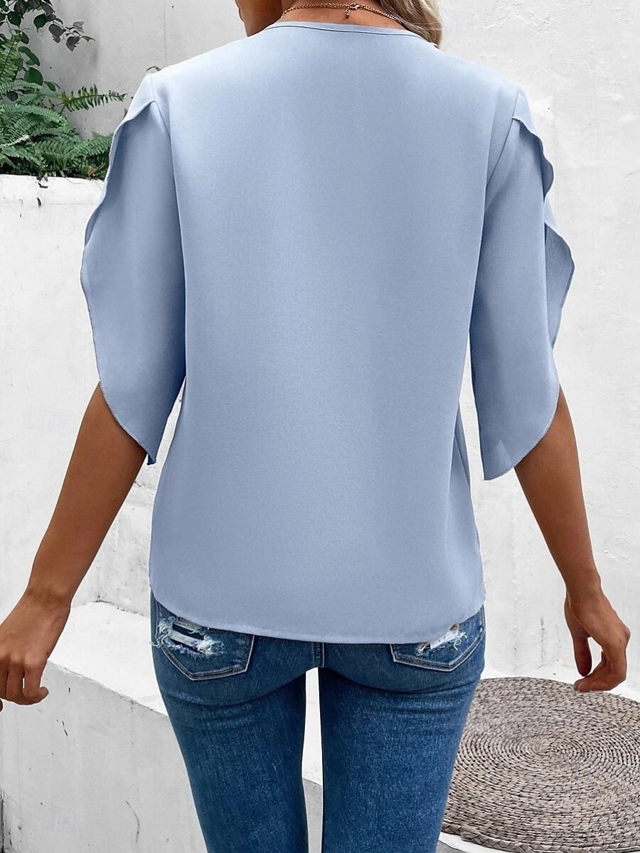 Damen Hemd Bluse Feste Farbe Stilvoll Brautkleider schlicht Halbe Ärmel Eine Glocke V Ausschnitt Normale Oberteile Täglich Spitze Patchwork Rosa Leicht Blau Sommer Frühling Herbst 2025 - $28.99 –P2