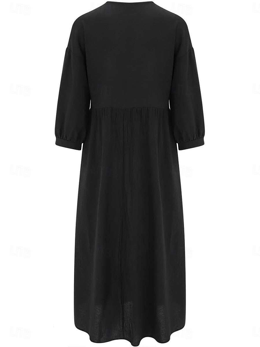 Women's Midi Dress Elegant Vintage Stylish Lantern Sleeve Vacation Daily Regular Fit Plain 3/4 Length Sleeve V Neck Black White Summer Spring Fall 2025 - $23.99 –P5