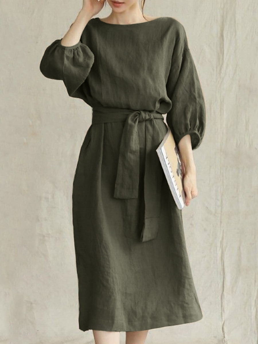 Damen Minikleid Baumwoll-Leinen-Kleider Freizeitkleid Basic Lässig Urlaub Täglich Normale Passform Einfach Dreiviertelarm Rundhalsausschnitt Marineblau Braun Khaki Armeegrün Sommer 2025 - $26.99 –P5