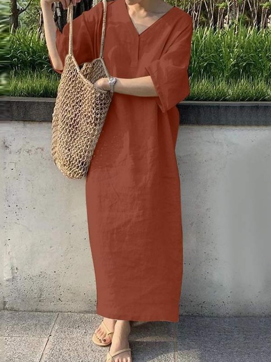 Damskie Sukienka maxi Sukienki z bawełny i lnu Codzienne sukienki Podstawowy Codzienny Urlop Codzienny Regularny Równina Rękaw 3/4 W serek Czerwony Khaki Zieleń wojskowa Ciemnoniebieski Lato 2025 - $18.99 –P1