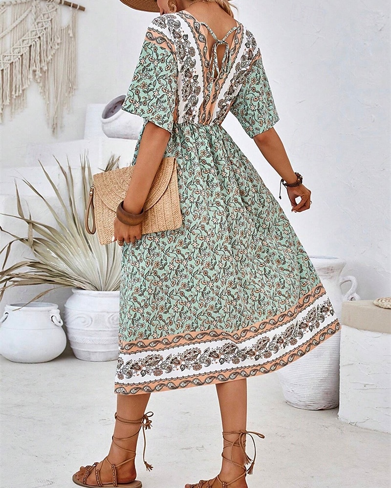 Femme robe longue Robe Trapèze Robe d'été robe boheme Elégant Hawaïen mode Vacances du quotidien Rendez-vous Standard Floral Manche Courte Col V Vert Eté de 2025 ? $25.99 –P3