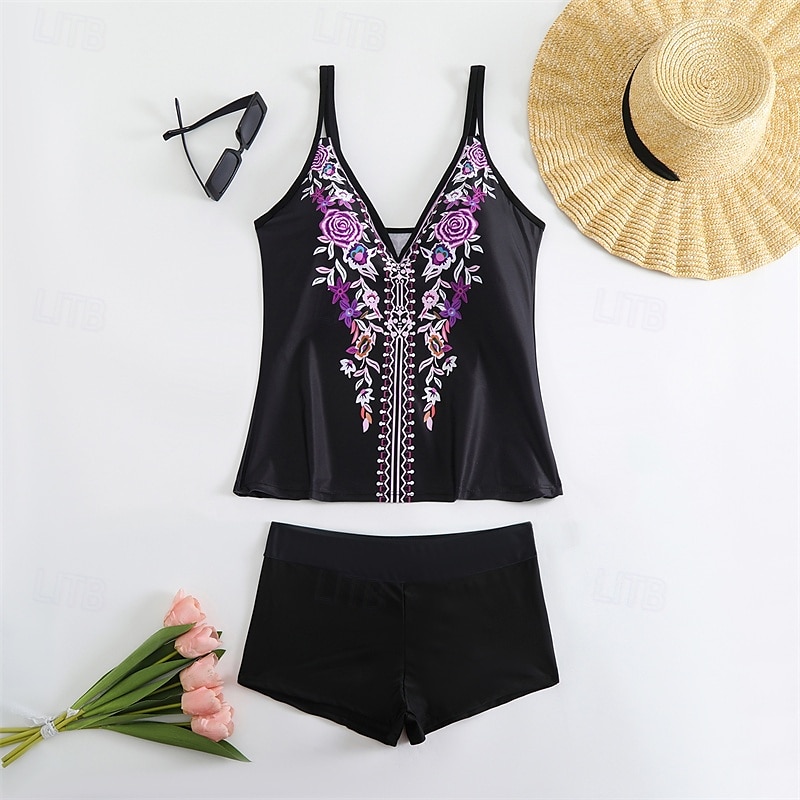 Dam Tankini Tvådelad baddräkt V-ringad Badkläder Badkläder Svart Purpur Andningsfunktion Snabb tork Lättvikt Ärmlös - Simmning Surfing Strand Sommar Vår Plusstorlekar 2025 - $24.99 –P8