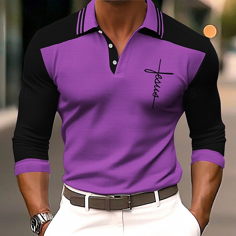 Men's Faith Polo Shirts Golf Shirt Long Sleeve Polo Shirts Collared Shirts WorkWear Formal Wear Festival Wear Buttons 3D Print Fall & Winter Blue Purple Orange 2025 - $23.99 –P1