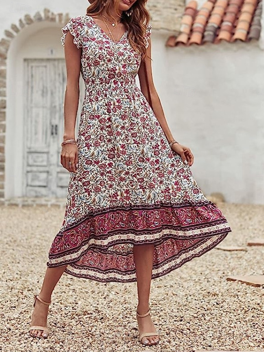 Dámské Midi šaty Volnočasové šaty Áčkové šaty Boho šaty stylové Na běžné nošení Dovolená Denní Běžný Květinový Krátký rukáv Do V Bordó Léto 2025 - $28.99 –P2