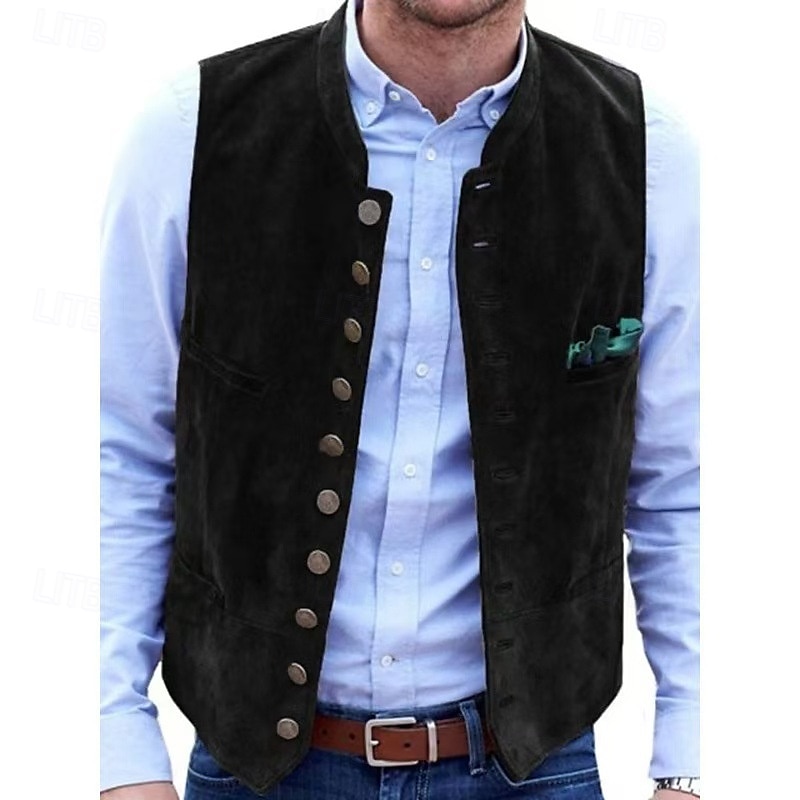 Men's Vest Gilet Suede Vest Vacation Daily Date Fashion Casual Spring & Fall Buttons Pocket Polyester Comfortable Plain Single Breasted One-button Stand Collar Regular Fit Black Red Blue Army Green 2025 - $44.99 –P2