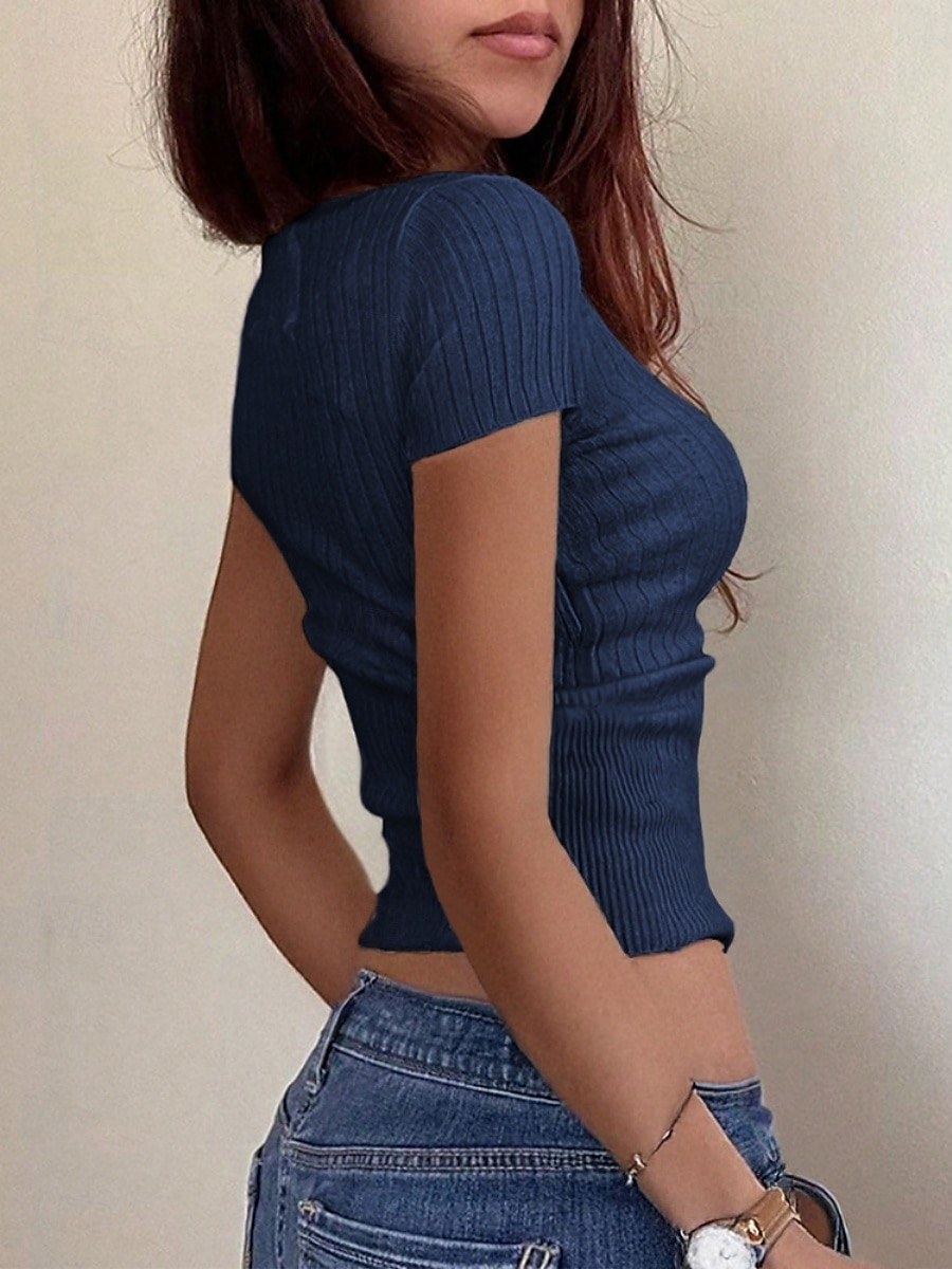 Damen Hemd Bluse Feste Farbe Basic Brautkleider schlicht Kurzarm V Ausschnitt Normale Oberteile Täglich Knopf Weiß Marineblau Sommer 2025 - $26.99 –P5
