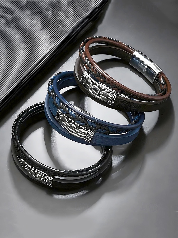 Men's Viking Style Faux Leather Multilayer Bracelet – Braided Design with Stainless Steel Charm, Adjustable Nordic Wristband for Casual and Formal Occasions 2025 - $9.99 –P3