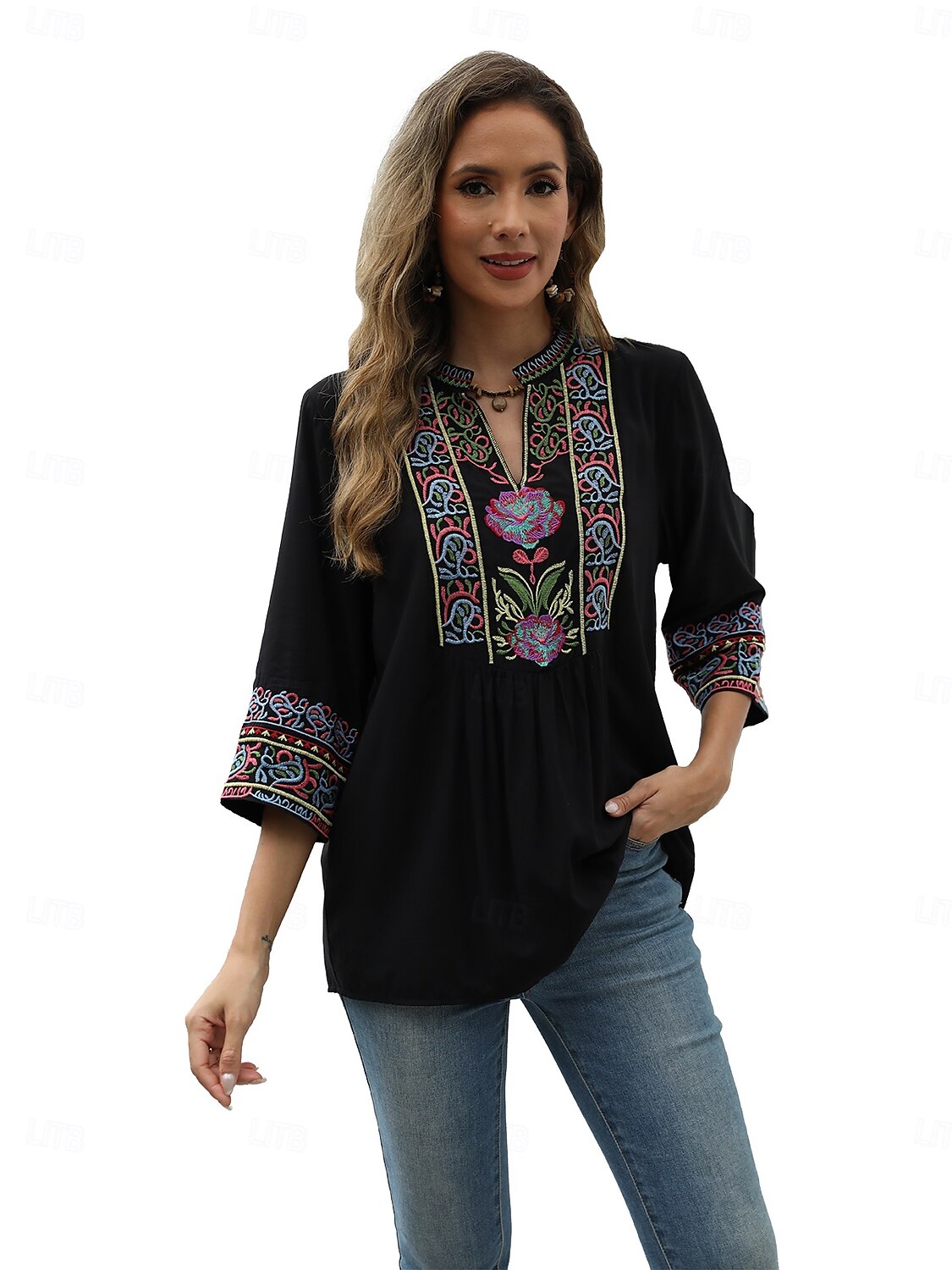 Pentru femei Cămașă Boho Boemia Zilnic Stilat Floral Simplu Topuri obișnuite Lungime Manșon 3/4 Cu Mâneci La Cot În V Brodat Potrivire Largă Muncă Zilnic Ieșire Negru Roz trandafiriu Vară 2025 - $33.99 –P8