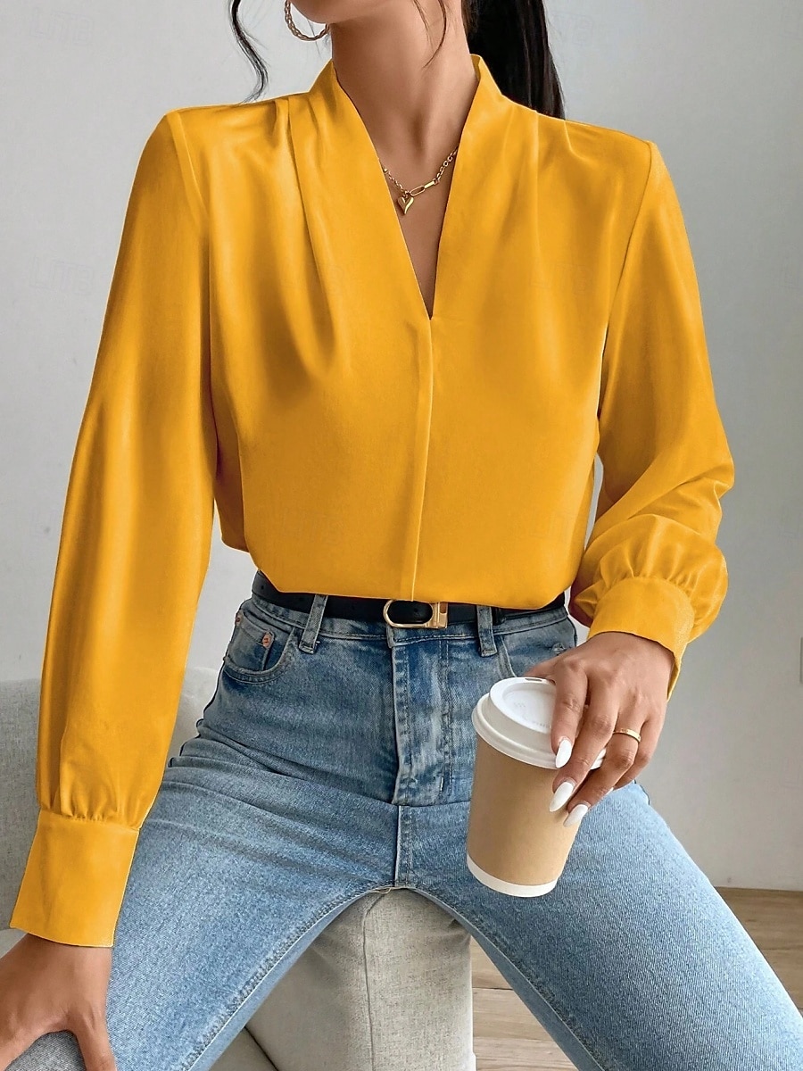 Dame Skjorte Bluse Helfarge Stilfull Fritid Langermet V-hals Vanlige topper Daglig Knapper Lomme Svart Hvit Gul Blå Grønn Sommer Vår 2025 - $31.99 –P26