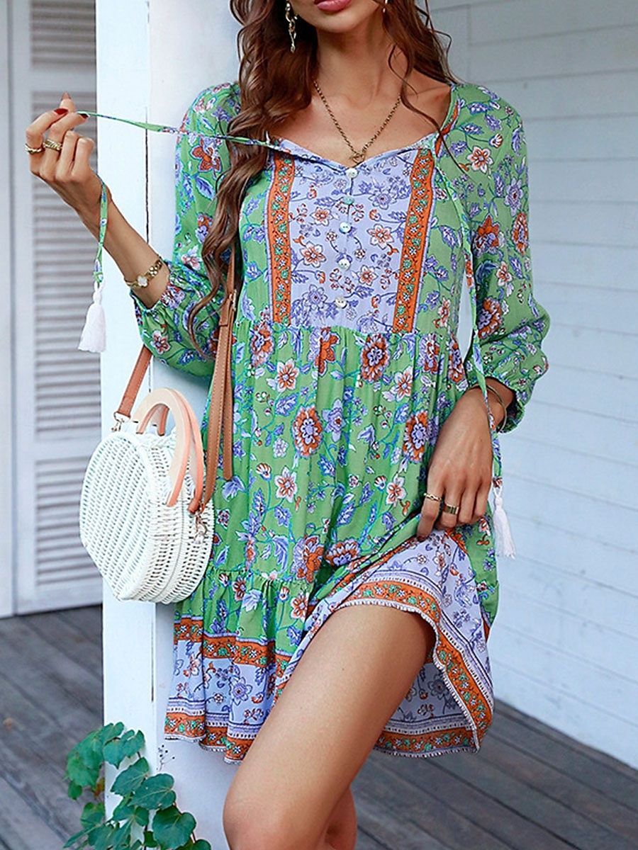 Damen Minikleid Casual kleid Boho Chic Kleider Boho-Kleid Böhmen Kuschelig Stilvoll Urlaub Täglich Strand Lockere Passform Graphic Langarm V Ausschnitt Rote Grün Frühling Herbst 2025 - $32.99 –P5