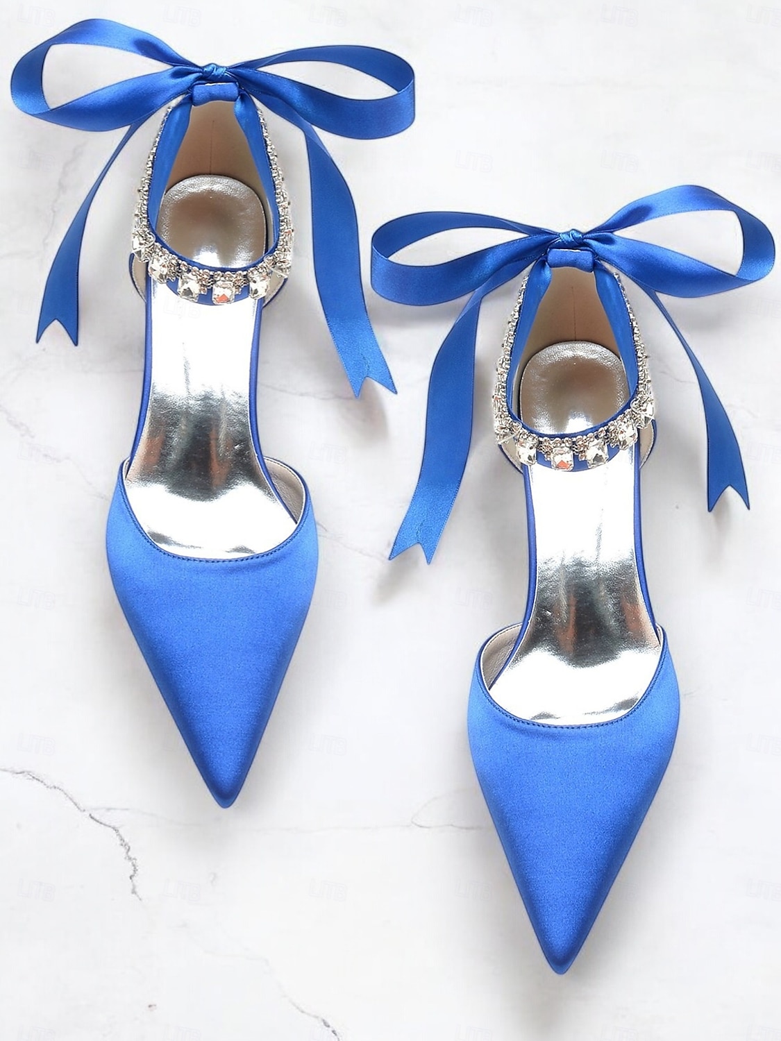 Blue Satin Pointed-Kitten Heels with Rhinestone Ankle Strap and Bow Tie - Elegant Wedding or Evening Shoes 2025 - $64.99 –P1