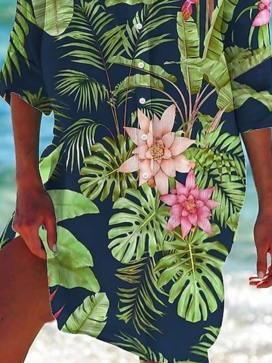 Womens Mini Dress Camicia Vestito Camicie Hawaiane Fluttuante Blu Verde Animale Floreale Pocket Stampa Maniche Lunghe Vacanza Casual V Scollato Lunghe Estate Vestiti da Spiaggia del 2025 a $46.99 –P4