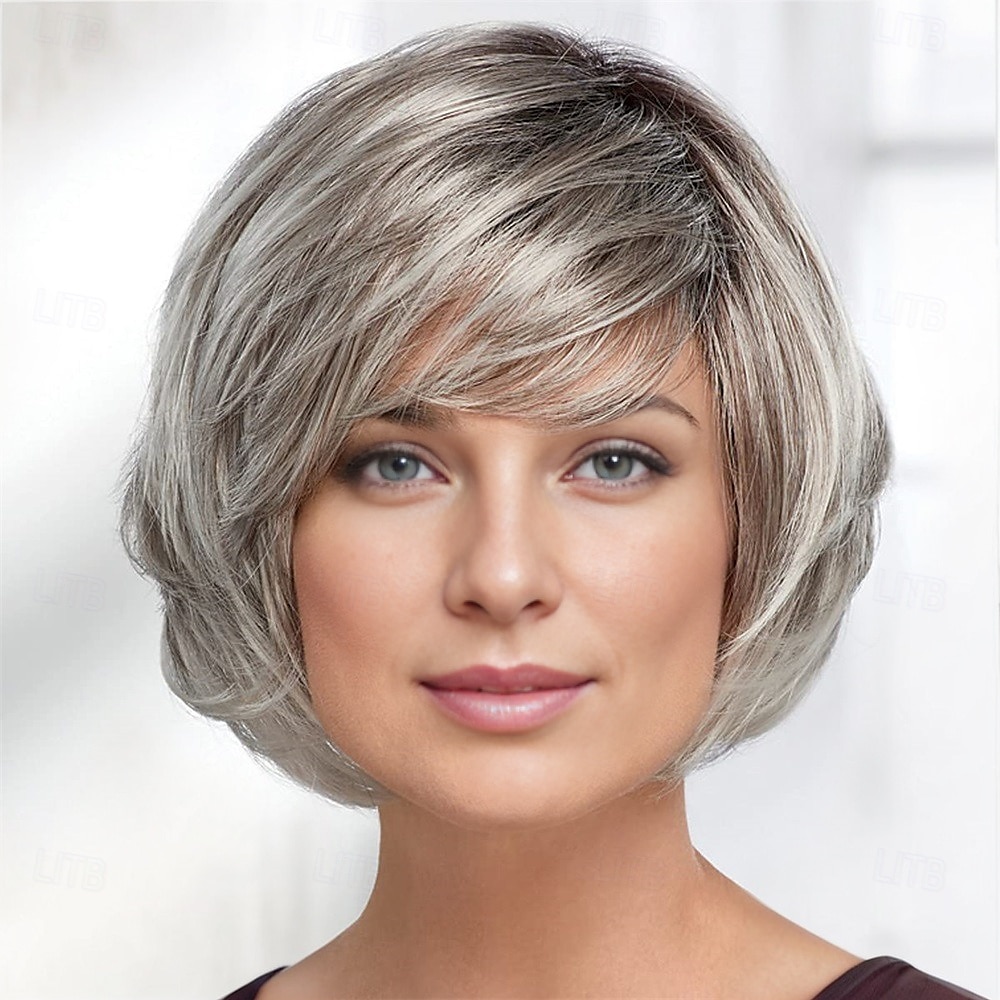 peruca de louro sussurrante peruca haute bob com franja que cobre as sobrancelhas e camadas anguladas / tons multitonais de loiro marrom prateado e vermelho de 2025 por $20.99 –P1