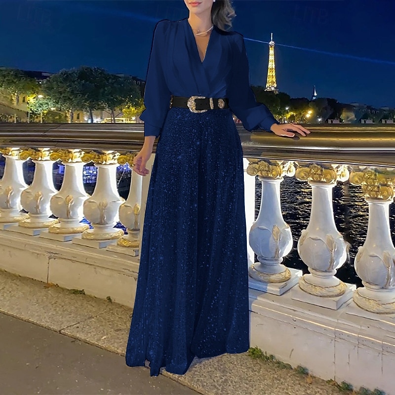 Jumpsuits Mother of the Bride  Formal Elegant V Neck Floor Length Sequined Long Sleeve with Sequin Solid Color 2025 2025 - $120.99 –P10