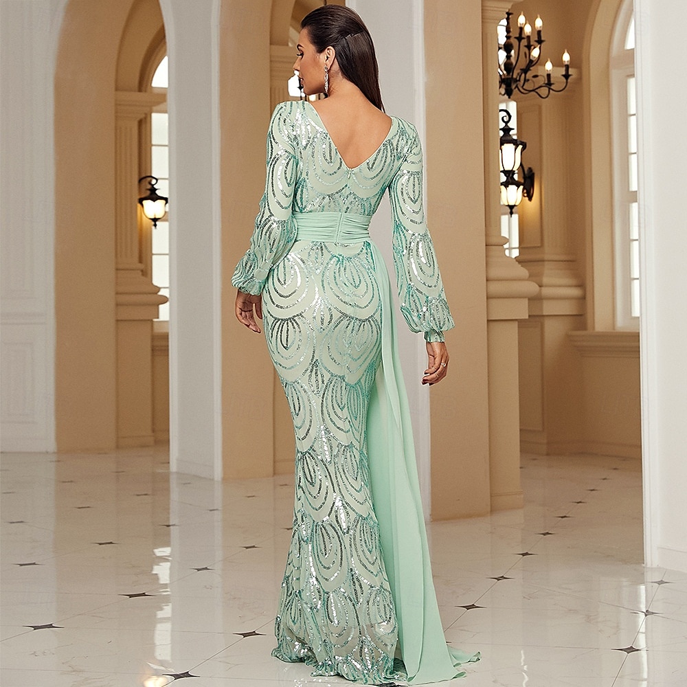 Vestido de Noiva Sereia  Trompete Vestido Elegante Formal Comprimento Total Manga Longa Decote V Bordado com Franjas de Brilho de 2025 por $141.99 –P3