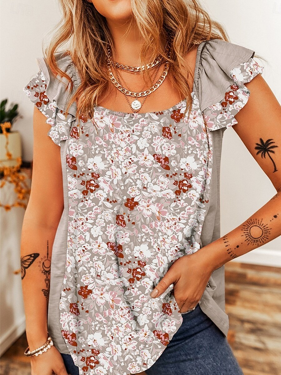Dame Camisole Tank Top Blomstrete Stilfull Uformell Kort Erme Fyrkantet Hals Regulære Topper Daglig Rynkete Trykk Rosa Lilla Lys Grå Sommer 2025 - $16.99 –P5