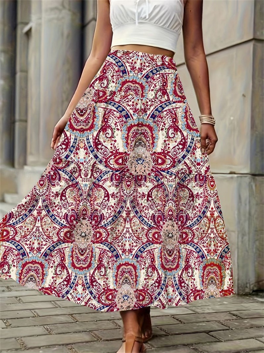 Damen Rock A-Linie Modisch Brautkleider schlicht Midi Mittlere Taillenlinie Röcke Geometrisch Bedruckt Mikro-elastisch Strasse Täglich Wein Gelb Sommer Polyester 2025 - $23.99 –P6