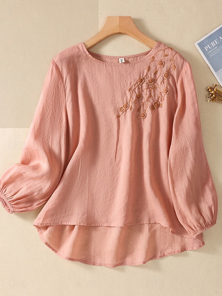 Femmes Chemise Chemisier Chemises en coton et lin Couleur Unie Basique Occasionnel manche longue Col ras du cou Hauts Réguliers Quotidien Broderie Blanche Rose Claire Fuchsia Vert Été Printemps de 2025 ? $21.99 –P5