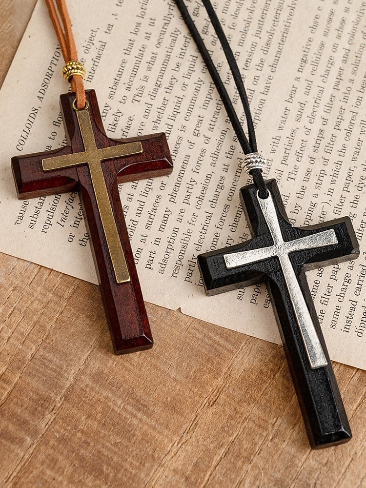 Wooden Cross Pendant Necklace for Men and Women – Vintage