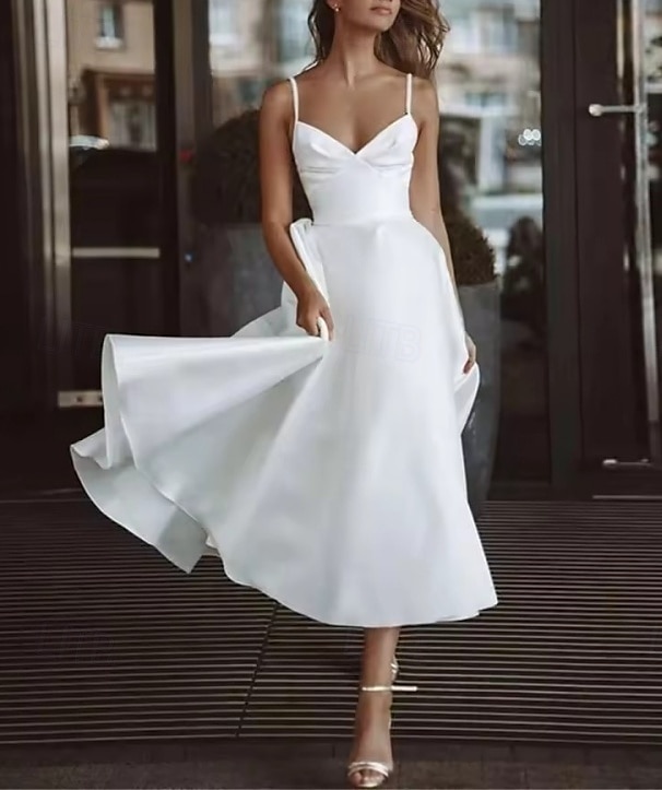 Abiti bianchi per fidanzamento o laurea abiti da matrimonio A-Line spalline sottili senza maniche lunghezza alla caviglia abiti da sposa in raso con arricciature del 2025 a $155.99 –P3