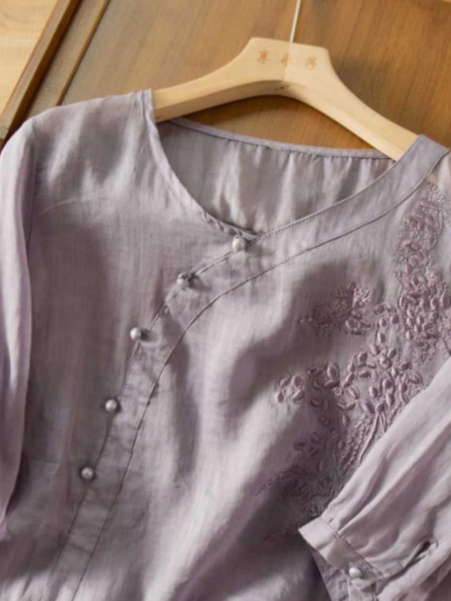 Dame Skjorte Bluse Skjorter i bomullslin Helfarge Stilfull Fritid 3/4 ermer Crew-hals Vanlige topper Daglig Broderi Knapper Gul Rød Lilla Grønn Sommer Vår 2025 - $27.99 –P3
