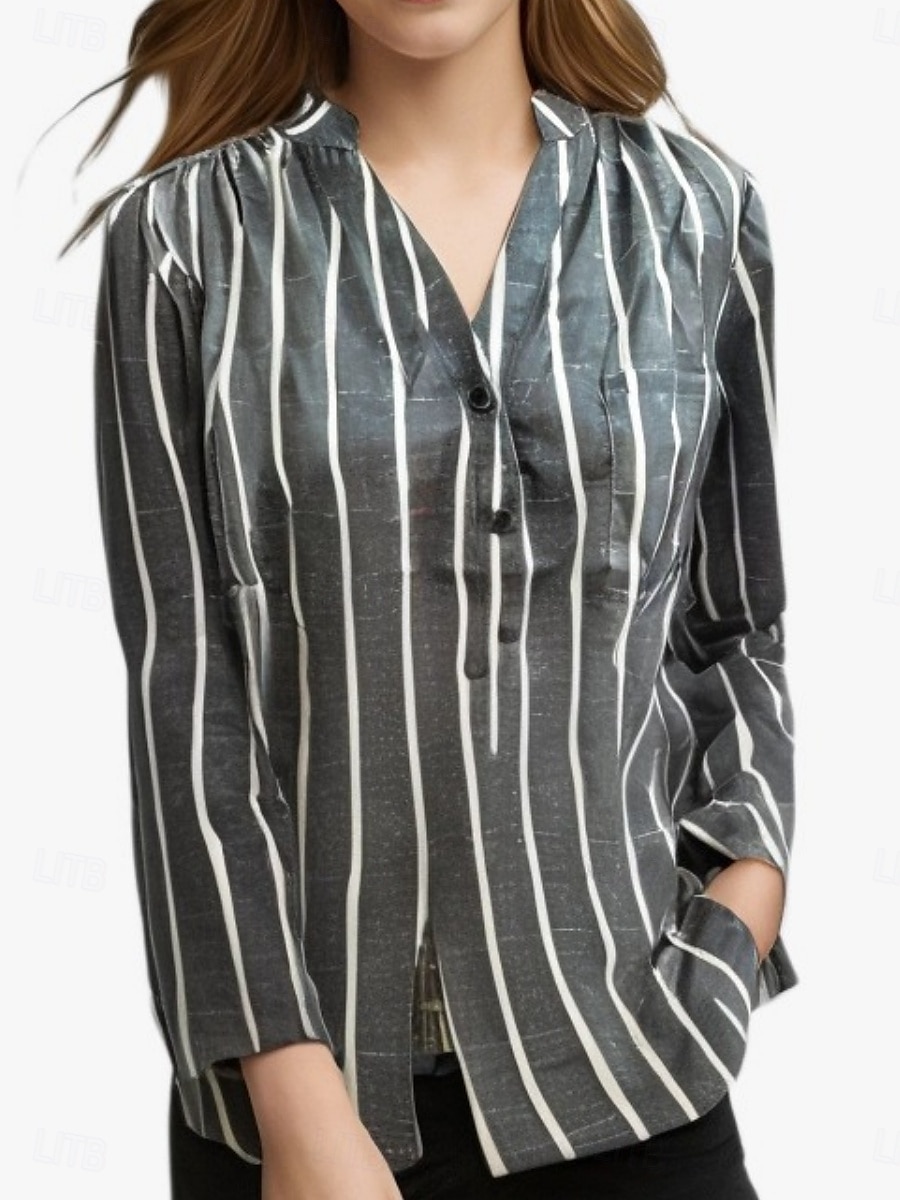 Dame Skjorte Bluse Stripet Stilfull Fritid Langermet Skjortekrage Vanlige topper Daglig Knapper Trykt mønster Hvit Kakifarget Grå Sommer Vår 2025 - $25.99 –P2