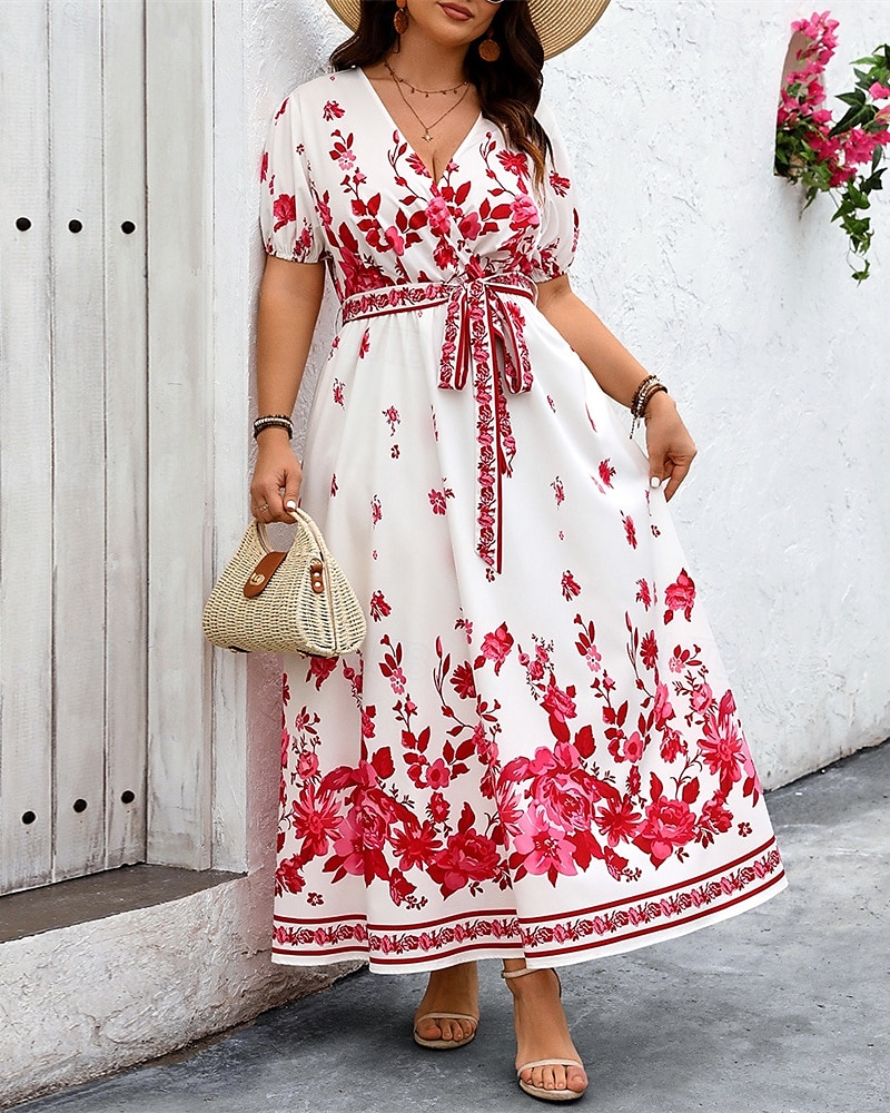 Femme robe longue Robe casual Robe Trapèze Robe d'été robe boheme Elégant Hawaïen mode Vacances du quotidien Rendez-vous Standard Floral Manche Courte Col V Blanche Eté de 2025 ? $28.99 –P2