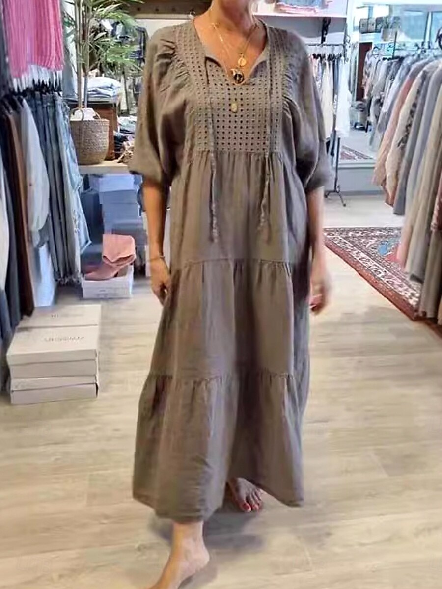 Dam Maxiklänning Linneinspirerade klänningar Vit klänning Solklänning Vit bomullsklänning Ledigt Semester Dagligen Lös passning 3/4 ärm Naggad hals Kaki Beige Sommar Vår 2025 - $36.99 –P1